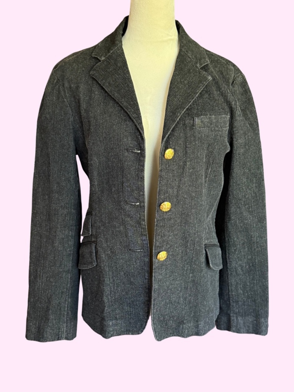Vintage Ralph Lauren Black Denim Equestrian Blazer Gold Crest Buttons 14 fits L - Picture 2 of 9